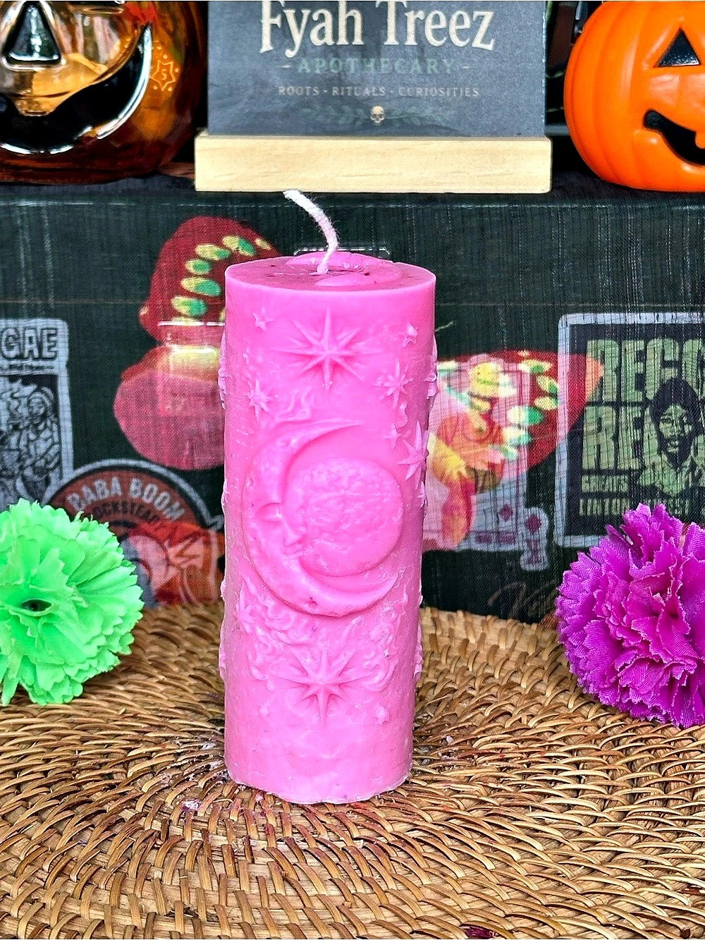 Celestial Moon & Stars Pillar Candle – Pink